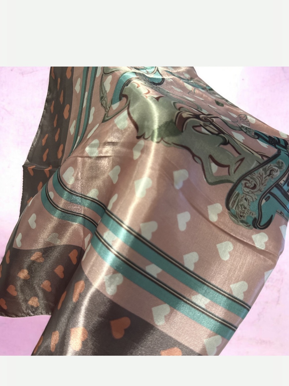 Pink Heart-Print Satin Scarf with Teal Stripe Detail
